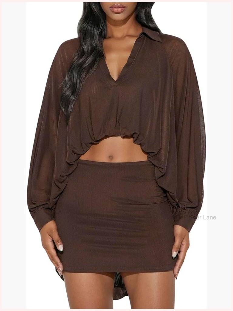 Sexy Mesh 2 Piece Mini Skirt Sets Bubble Hem Crop Top Club Outfits